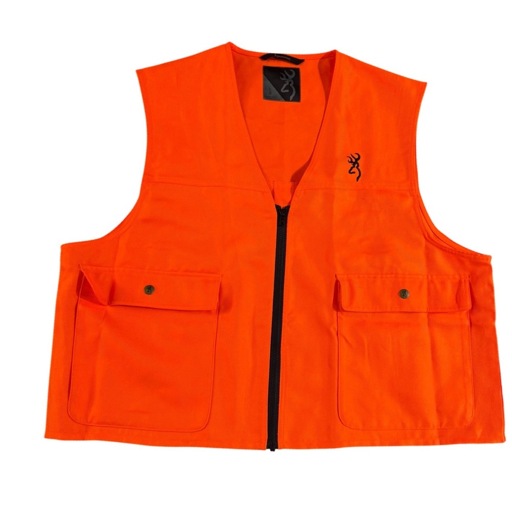 Browning Mens Blaze Orange Hunting Vest Large Full Zip Buckmark Logo Canvas